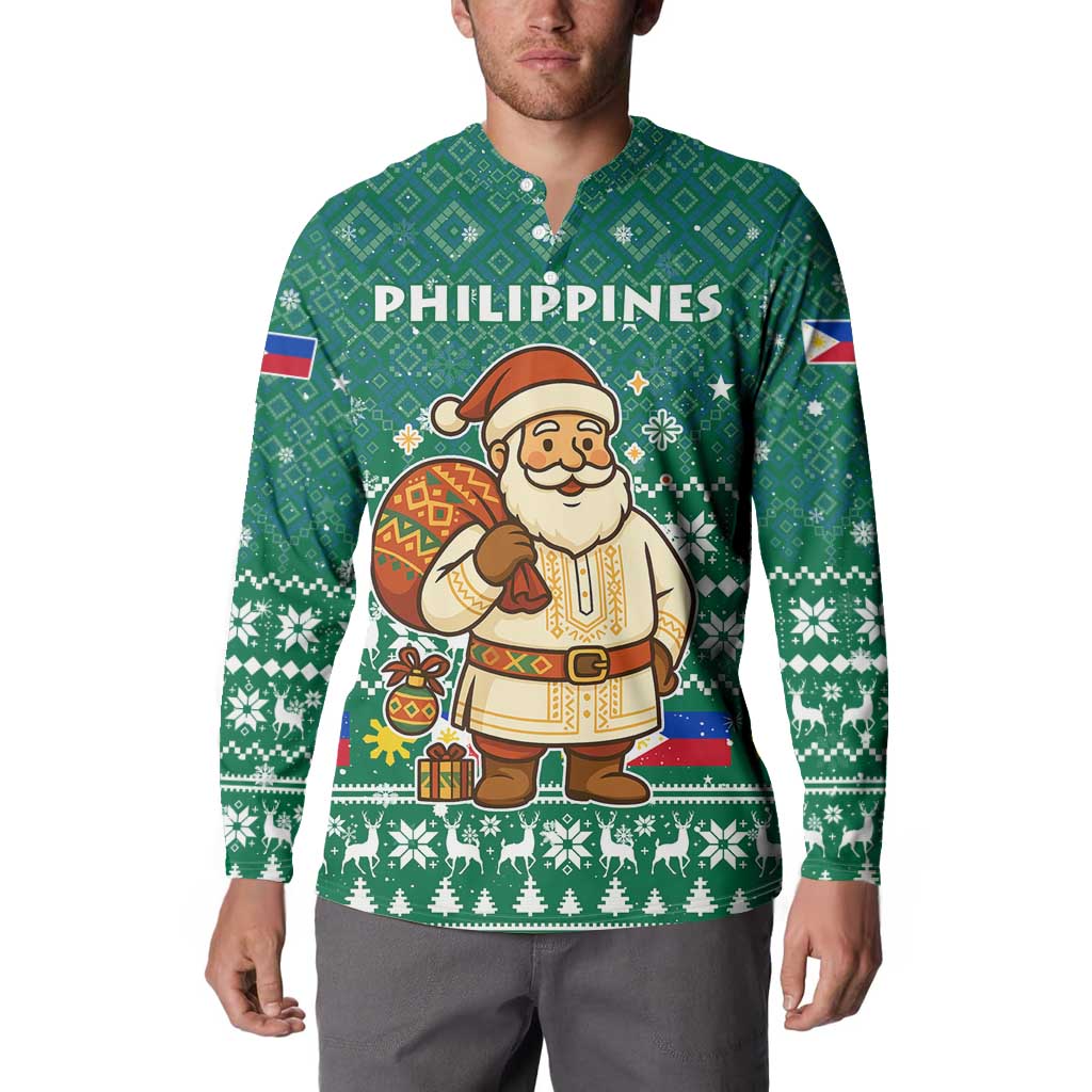 Philippines Christmas Button Sweatshirt with Green Geometric Design, Santa in Barong Tagalog, and National Coat of Arms Motif - Wonder Print Shop
