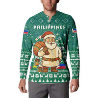 Philippines Christmas Button Sweatshirt with Green Geometric Design, Santa in Barong Tagalog, and National Coat of Arms Motif - Wonder Print Shop