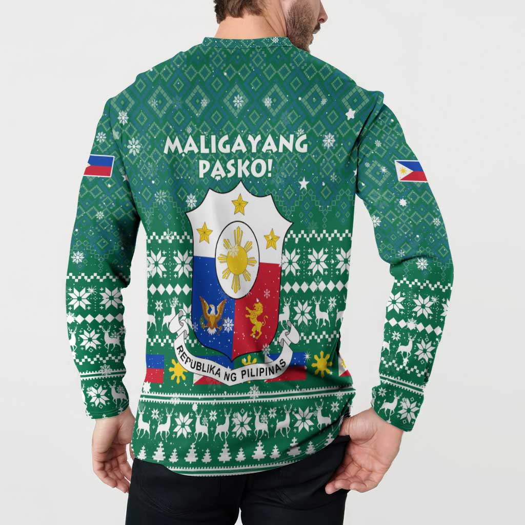 Philippines Christmas Button Sweatshirt with Green Geometric Design, Santa in Barong Tagalog, and National Coat of Arms Motif - Wonder Print Shop
