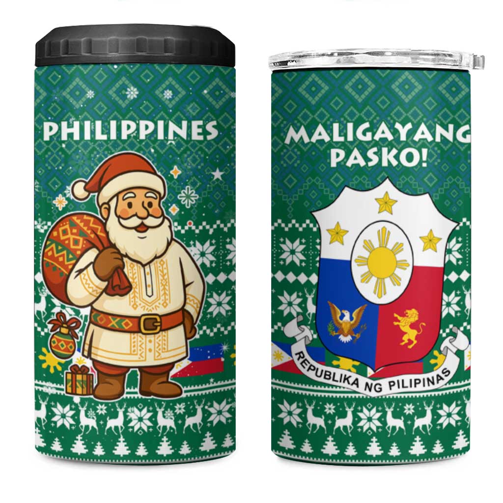 Philippines Christmas 4 in 1 Can Cooler Tumbler with Green Geometric Design, Santa in Barong Tagalog, and National Coat of Arms Motif - Wonder Print Shop