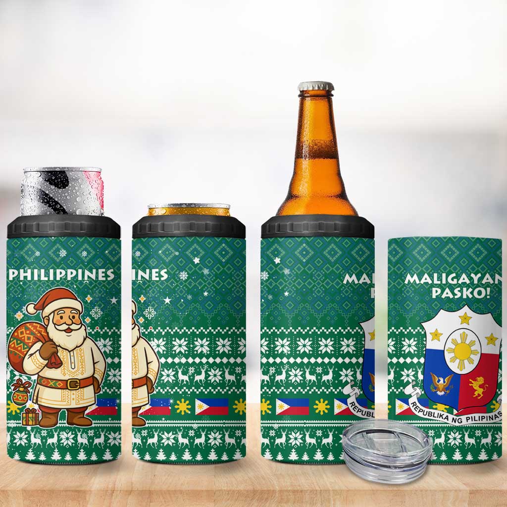 Philippines Christmas 4 in 1 Can Cooler Tumbler with Green Geometric Design, Santa in Barong Tagalog, and National Coat of Arms Motif - Wonder Print Shop