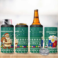 Philippines Christmas 4 in 1 Can Cooler Tumbler with Green Geometric Design, Santa in Barong Tagalog, and National Coat of Arms Motif - Wonder Print Shop