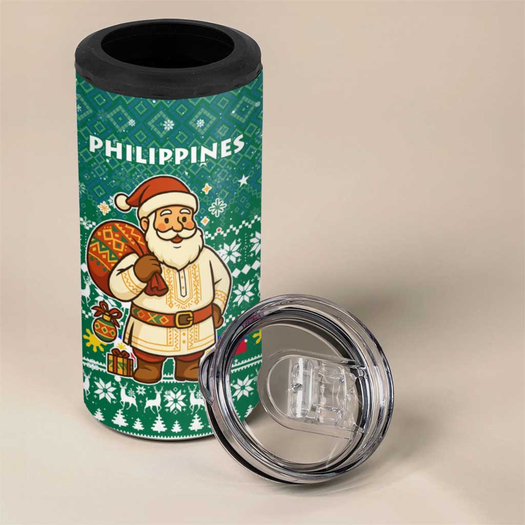 Philippines Christmas 4 in 1 Can Cooler Tumbler with Green Geometric Design, Santa in Barong Tagalog, and National Coat of Arms Motif - Wonder Print Shop