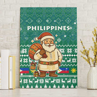 Philippines Christmas Canvas Wall Art with Green Geometric Design, Santa in Barong Tagalog, and National Coat of Arms Motif - Wonder Print Shop