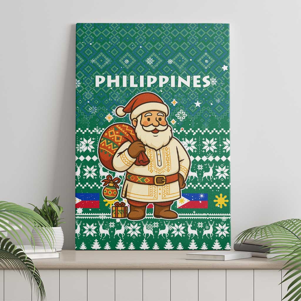 Philippines Christmas Canvas Wall Art with Green Geometric Design, Santa in Barong Tagalog, and National Coat of Arms Motif - Wonder Print Shop
