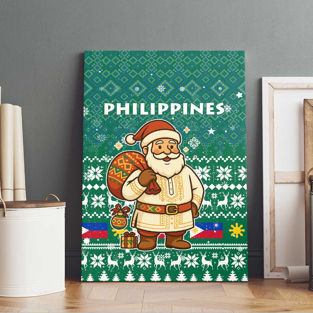 Philippines Christmas Canvas Wall Art with Green Geometric Design, Santa in Barong Tagalog, and National Coat of Arms Motif - Wonder Print Shop