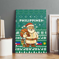 Philippines Christmas Canvas Wall Art with Green Geometric Design, Santa in Barong Tagalog, and National Coat of Arms Motif - Wonder Print Shop