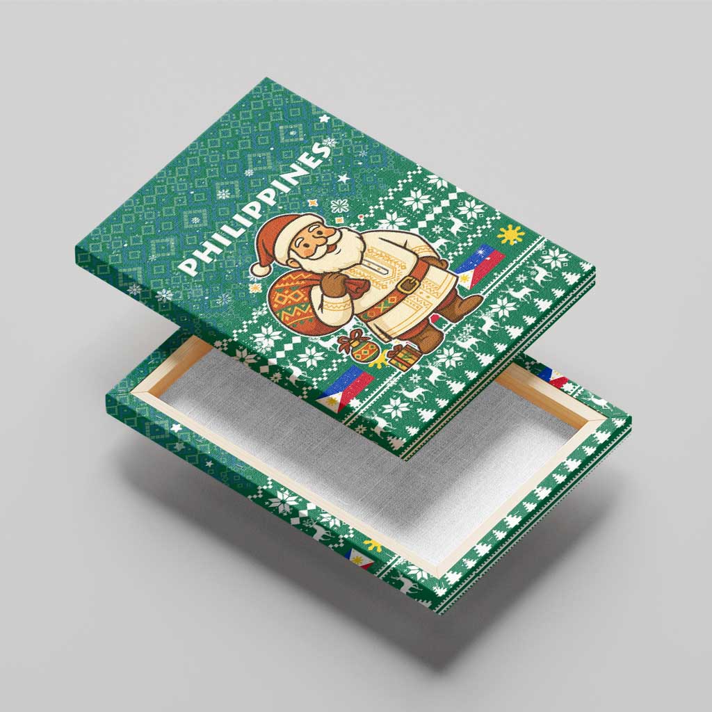 Philippines Christmas Canvas Wall Art with Green Geometric Design, Santa in Barong Tagalog, and National Coat of Arms Motif - Wonder Print Shop