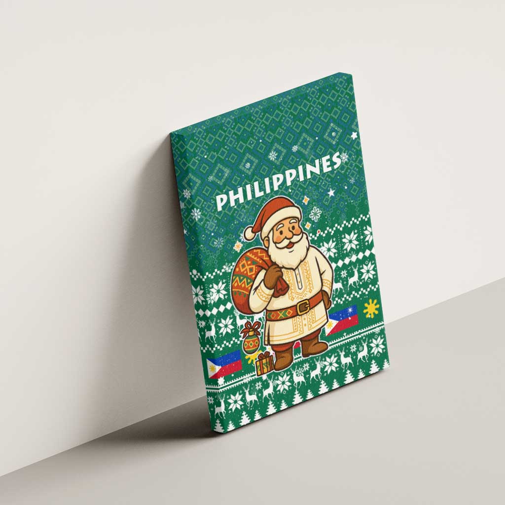 Philippines Christmas Canvas Wall Art with Green Geometric Design, Santa in Barong Tagalog, and National Coat of Arms Motif - Wonder Print Shop