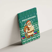 Philippines Christmas Canvas Wall Art with Green Geometric Design, Santa in Barong Tagalog, and National Coat of Arms Motif - Wonder Print Shop