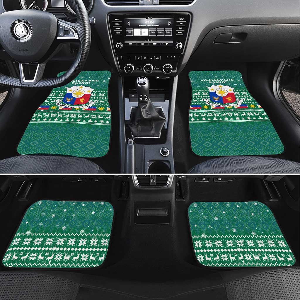 Philippines Christmas Car Mats with Green Geometric Design, Santa in Barong Tagalog, and National Coat of Arms Motif - Wonder Print Shop