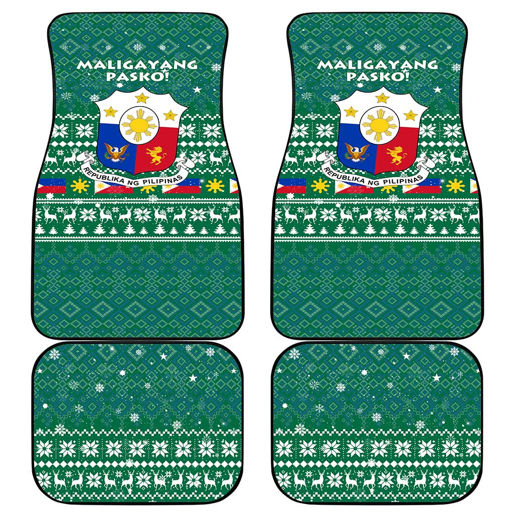 Philippines Christmas Car Mats with Green Geometric Design, Santa in Barong Tagalog, and National Coat of Arms Motif - Wonder Print Shop