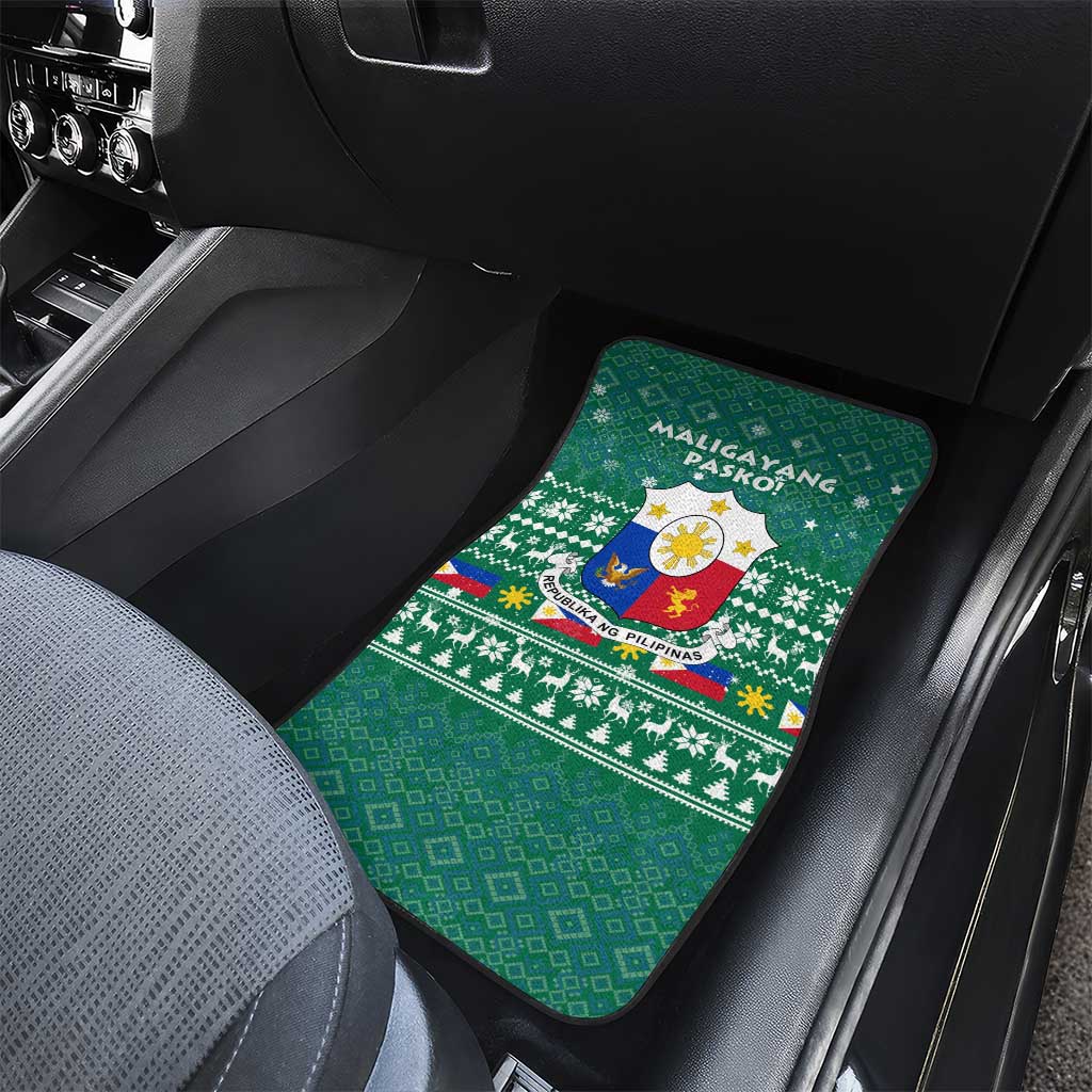 Philippines Christmas Car Mats with Green Geometric Design, Santa in Barong Tagalog, and National Coat of Arms Motif - Wonder Print Shop