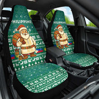 Philippines Christmas Car Seat Cover with Green Geometric Design, Santa in Barong Tagalog, and National Coat of Arms Motif - Wonder Print Shop