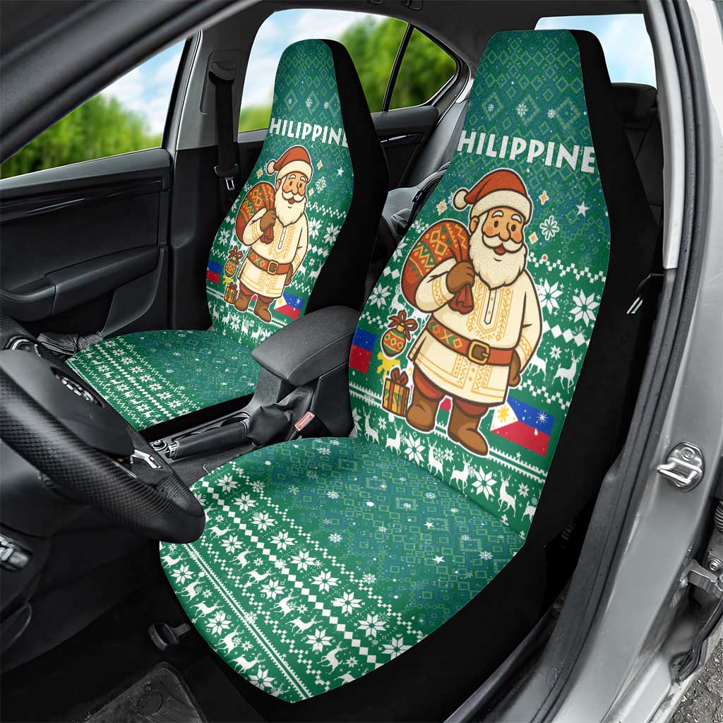 Philippines Christmas Car Seat Cover with Green Geometric Design, Santa in Barong Tagalog, and National Coat of Arms Motif - Wonder Print Shop