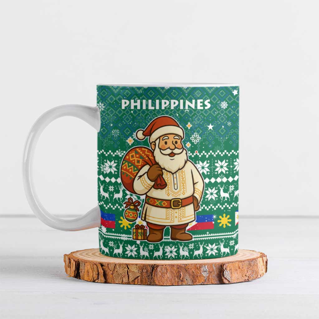 Philippines Christmas Ceramic Mug with Green Geometric Design, Santa in Barong Tagalog, and National Coat of Arms Motif - Wonder Print Shop