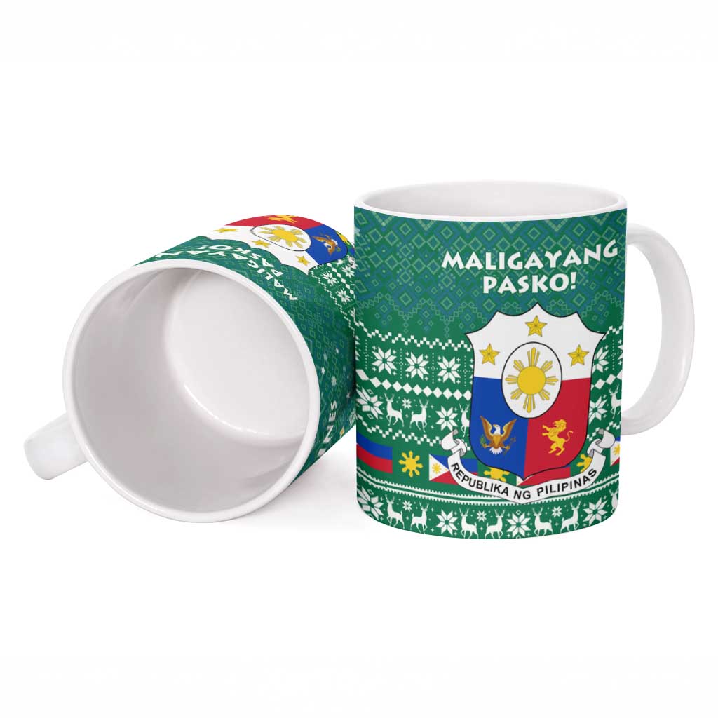 Philippines Christmas Ceramic Mug with Green Geometric Design, Santa in Barong Tagalog, and National Coat of Arms Motif - Wonder Print Shop