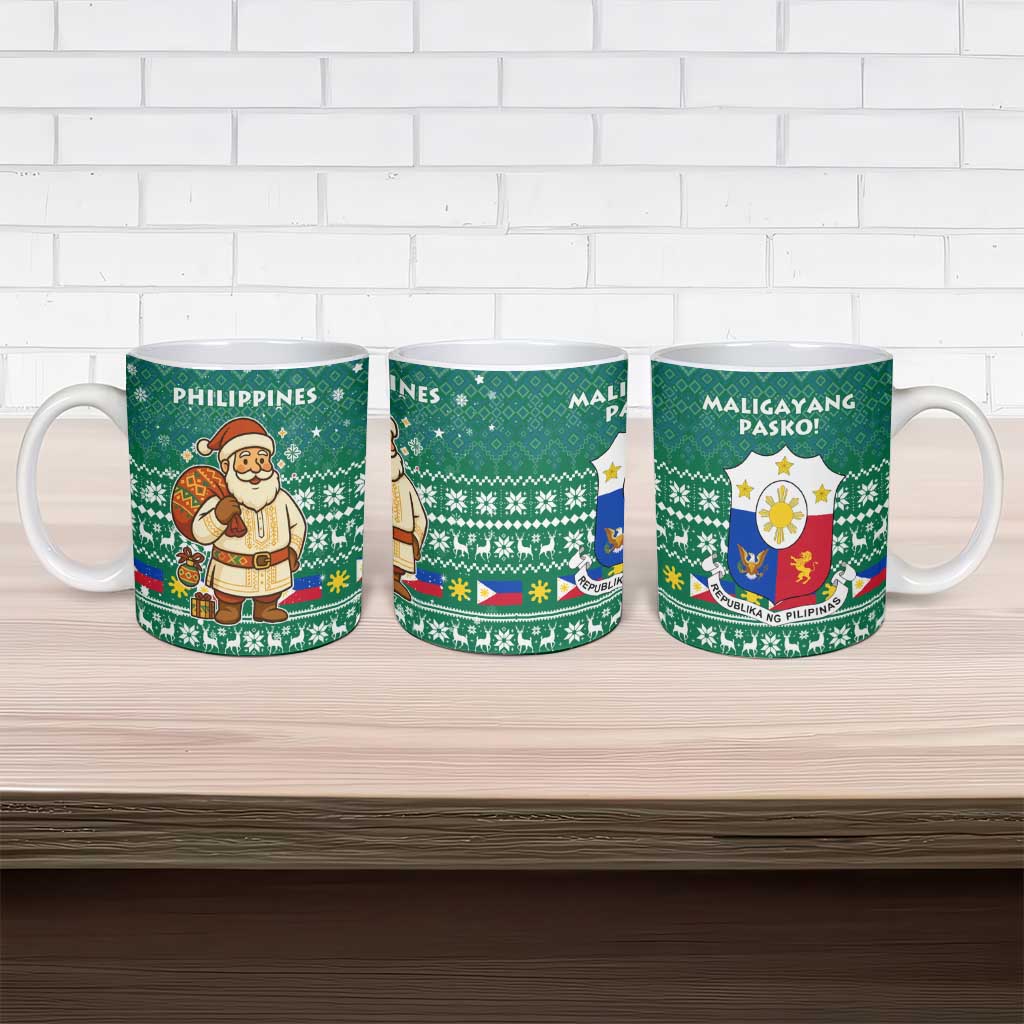 Philippines Christmas Ceramic Mug with Green Geometric Design, Santa in Barong Tagalog, and National Coat of Arms Motif - Wonder Print Shop