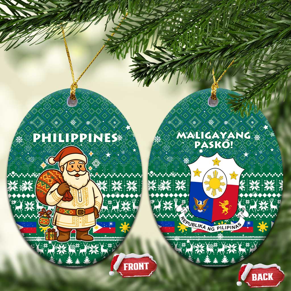 Philippines Christmas Ceramic Ornament with Green Geometric Design, Santa in Barong Tagalog, and National Coat of Arms Motif - Wonder Print Shop