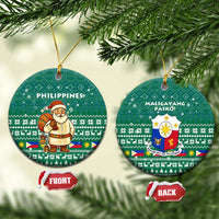Philippines Christmas Ceramic Ornament with Green Geometric Design, Santa in Barong Tagalog, and National Coat of Arms Motif - Wonder Print Shop