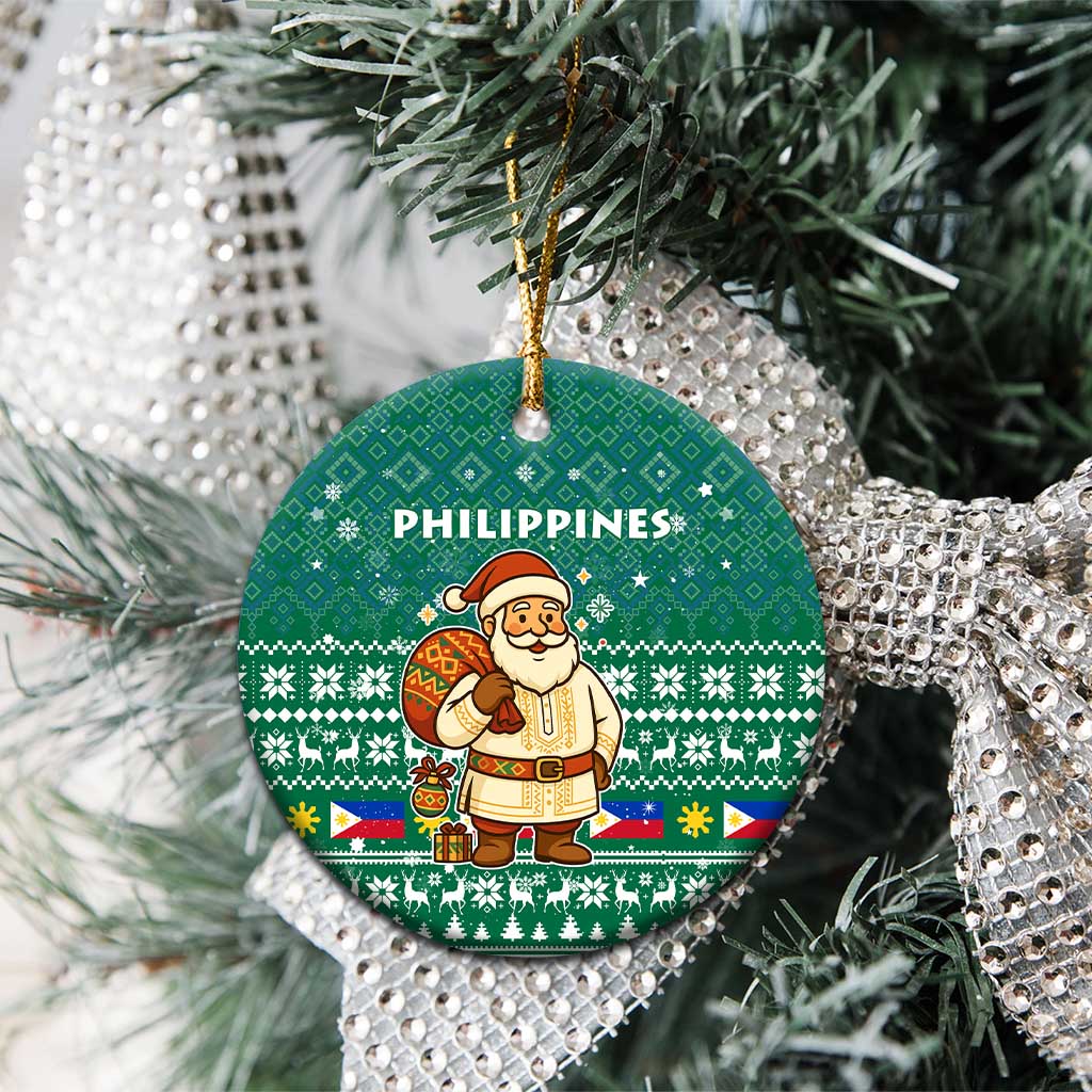 Philippines Christmas Ceramic Ornament with Green Geometric Design, Santa in Barong Tagalog, and National Coat of Arms Motif - Wonder Print Shop