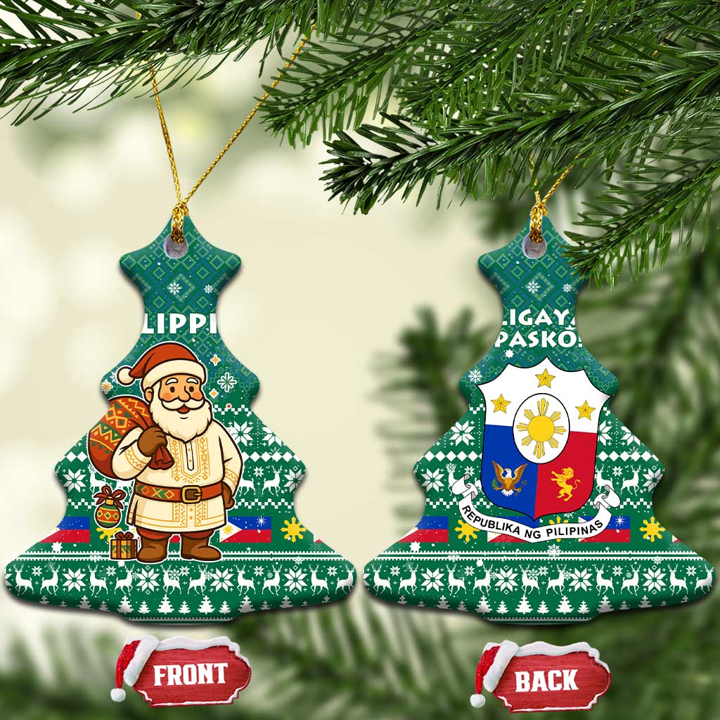 Philippines Christmas Ceramic Ornament with Green Geometric Design, Santa in Barong Tagalog, and National Coat of Arms Motif - Wonder Print Shop