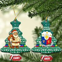 Philippines Christmas Ceramic Ornament with Green Geometric Design, Santa in Barong Tagalog, and National Coat of Arms Motif - Wonder Print Shop