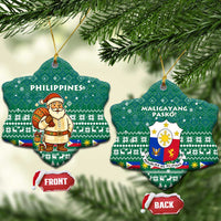 Philippines Christmas Ceramic Ornament with Green Geometric Design, Santa in Barong Tagalog, and National Coat of Arms Motif - Wonder Print Shop