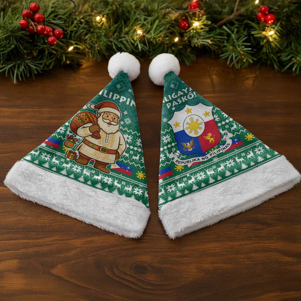 Philippines Christmas Santa Hat with Green Geometric Design, Santa in Barong Tagalog, and National Coat of Arms Motif - Wonder Print Shop