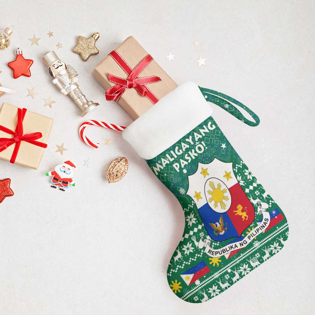 Philippines Christmas Stocking with Green Geometric Design, Santa in Barong Tagalog, and National Coat of Arms Motif - Wonder Print Shop