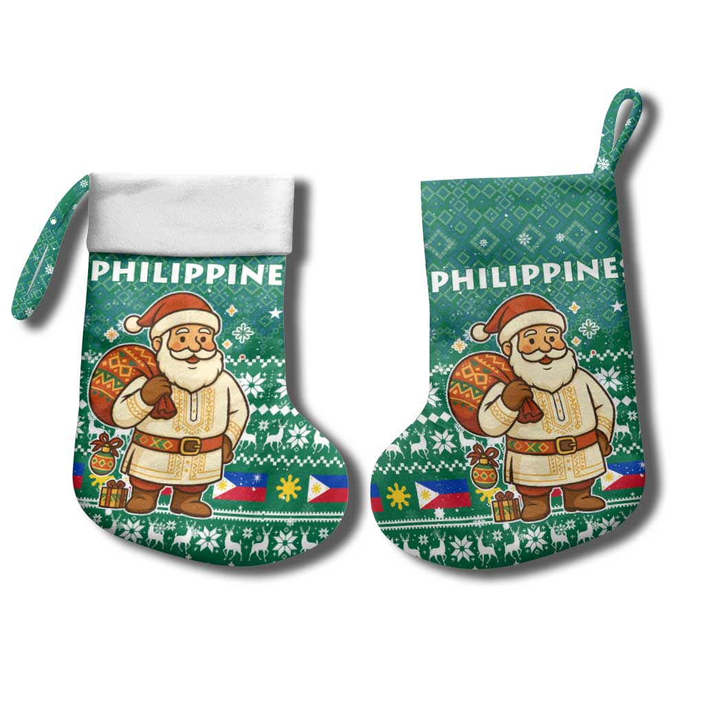 Philippines Christmas Stocking with Green Geometric Design, Santa in Barong Tagalog, and National Coat of Arms Motif - Wonder Print Shop
