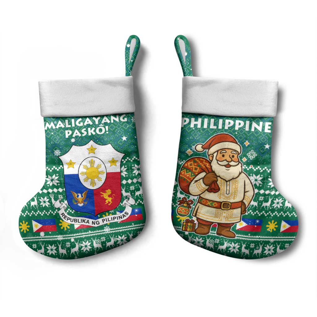 Philippines Christmas Stocking with Green Geometric Design, Santa in Barong Tagalog, and National Coat of Arms Motif - Wonder Print Shop