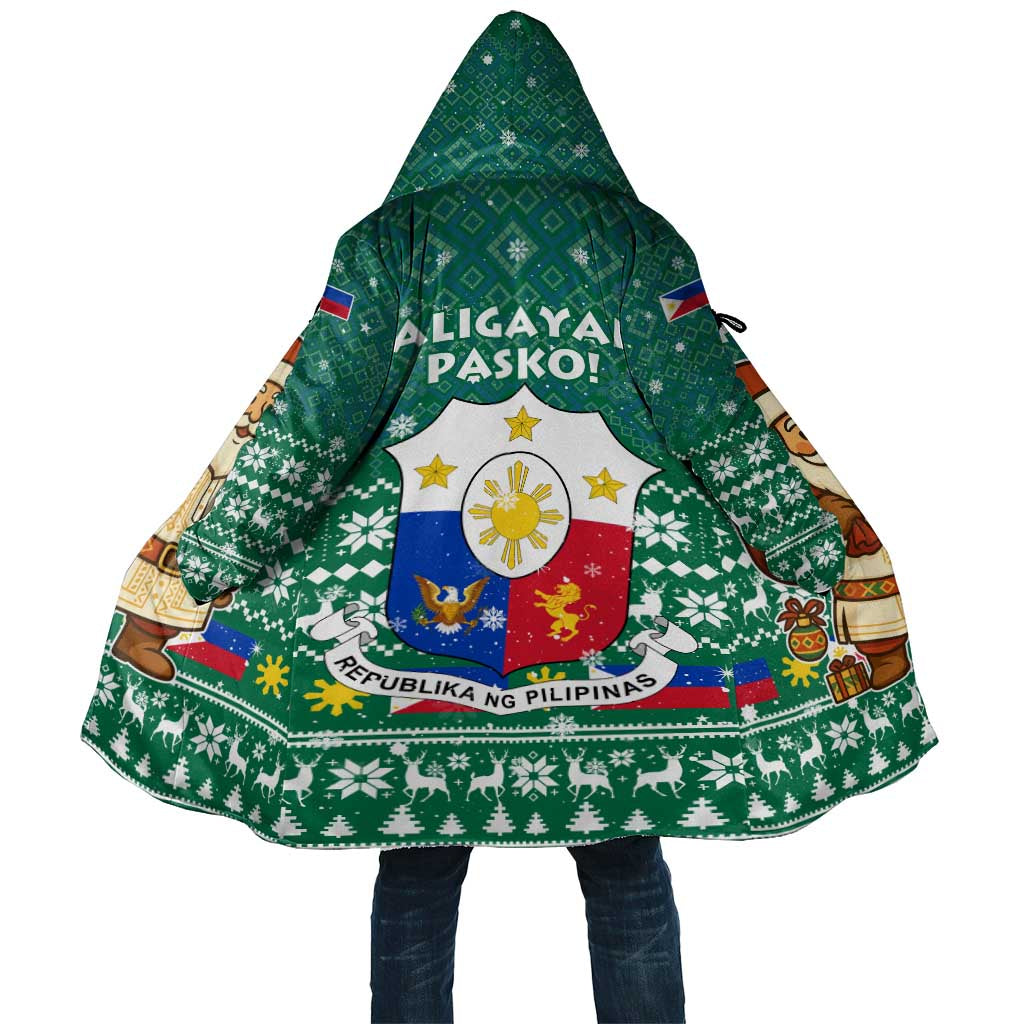 Philippines Christmas Cloak with Green Geometric Design, Santa in Barong Tagalog, and National Coat of Arms Motif - Wonder Print Shop