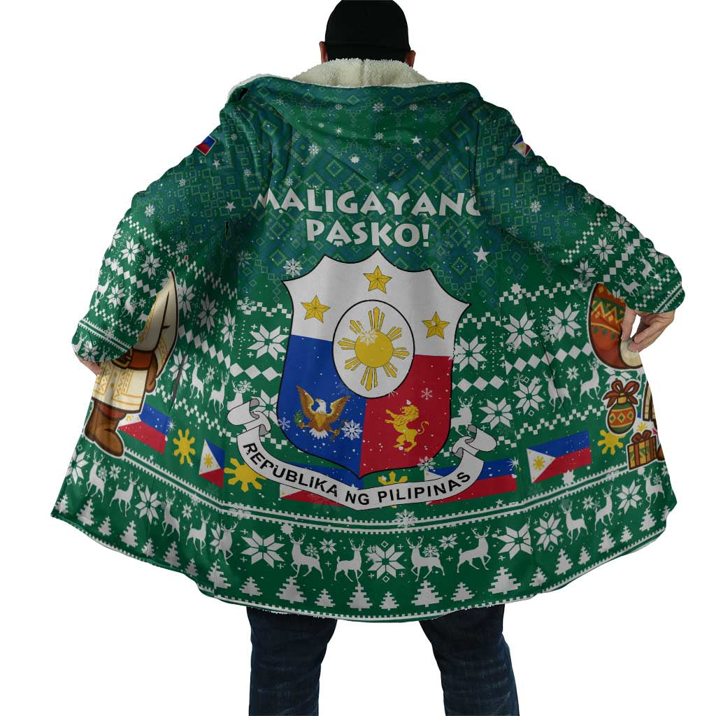 Philippines Christmas Cloak with Green Geometric Design, Santa in Barong Tagalog, and National Coat of Arms Motif - Wonder Print Shop