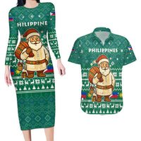Philippines Christmas Couples Matching Long Sleeve Bodycon Dress and Hawaiian Shirt with Green Geometric Design, Santa in Barong Tagalog, and National Coat of Arms Motif - Wonder Print Shop