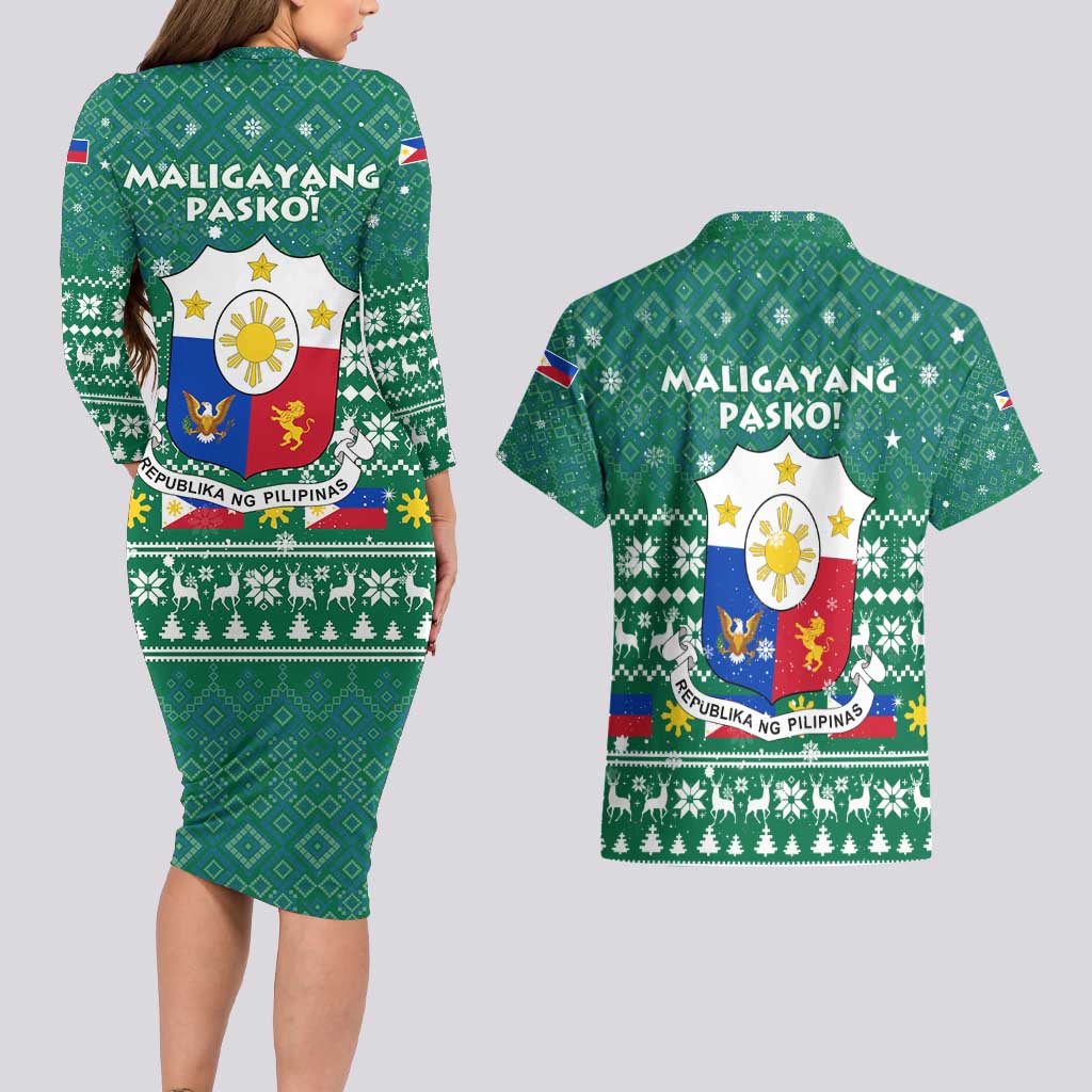 Philippines Christmas Couples Matching Long Sleeve Bodycon Dress and Hawaiian Shirt with Green Geometric Design, Santa in Barong Tagalog, and National Coat of Arms Motif - Wonder Print Shop