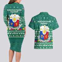 Philippines Christmas Couples Matching Long Sleeve Bodycon Dress and Hawaiian Shirt with Green Geometric Design, Santa in Barong Tagalog, and National Coat of Arms Motif - Wonder Print Shop