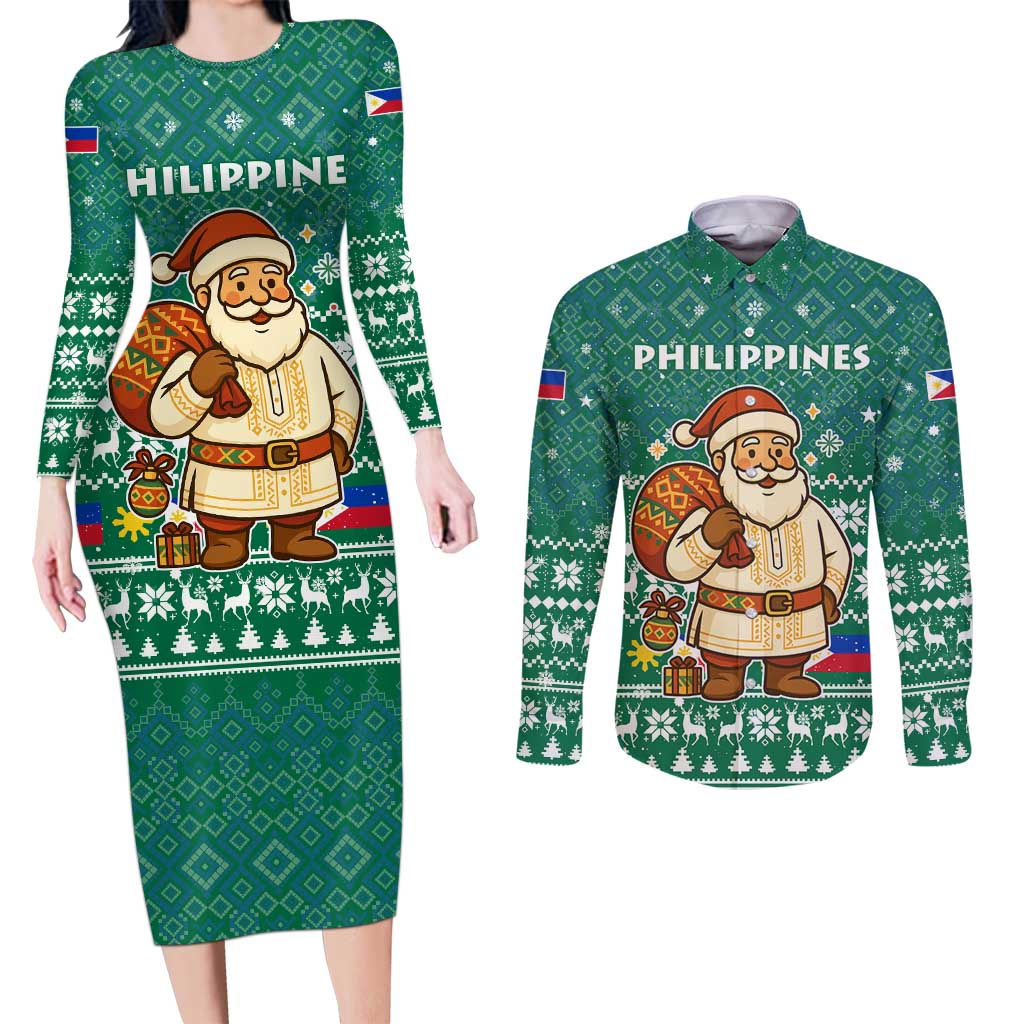 Philippines Christmas Couples Matching Long Sleeve Bodycon Dress and Long Sleeve Button Shirt with Green Geometric Design, Santa in Barong Tagalog, and National Coat of Arms Motif - Wonder Print Shop