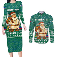 Philippines Christmas Couples Matching Long Sleeve Bodycon Dress and Long Sleeve Button Shirt with Green Geometric Design, Santa in Barong Tagalog, and National Coat of Arms Motif - Wonder Print Shop