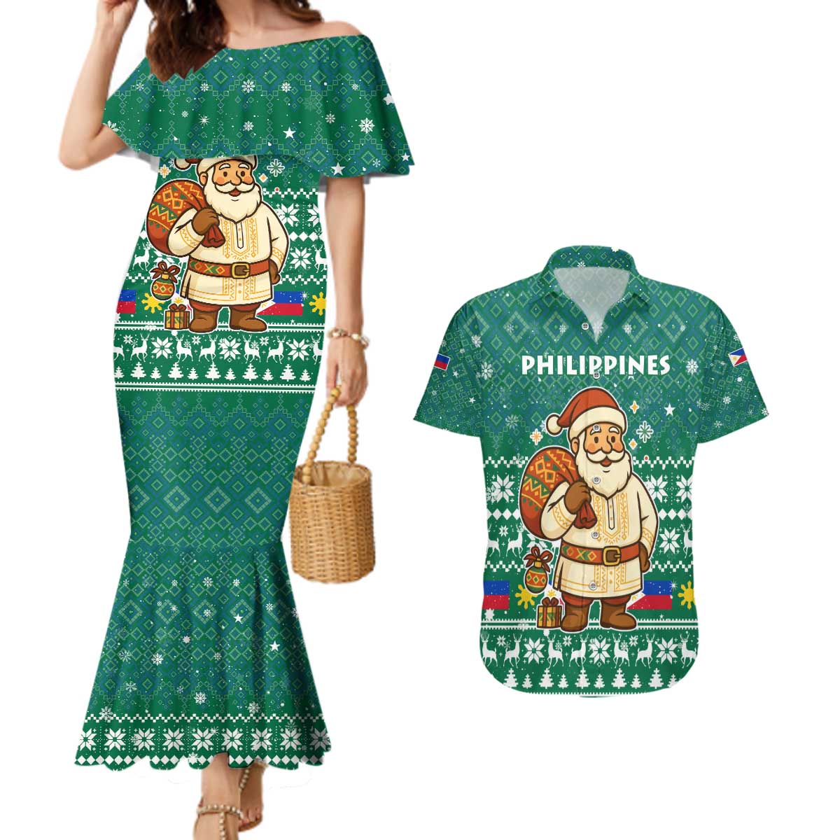 Philippines Christmas Couples Matching Mermaid Dress and Hawaiian Shirt with Green Geometric Design, Santa in Barong Tagalog, and National Coat of Arms Motif - Wonder Print Shop