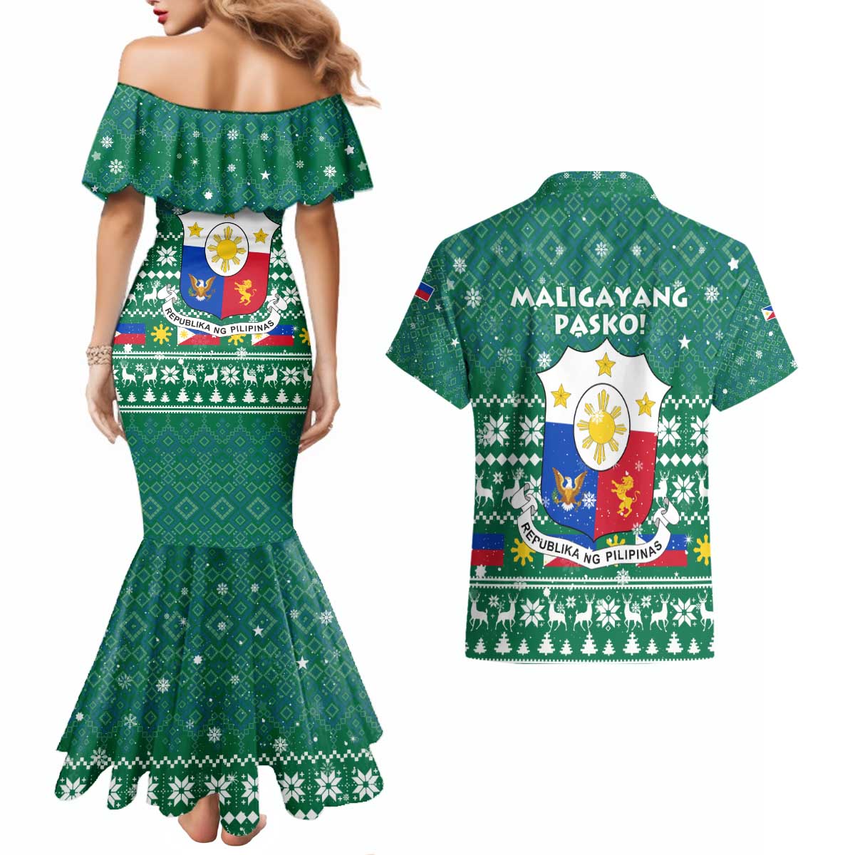 Philippines Christmas Couples Matching Mermaid Dress and Hawaiian Shirt with Green Geometric Design, Santa in Barong Tagalog, and National Coat of Arms Motif - Wonder Print Shop