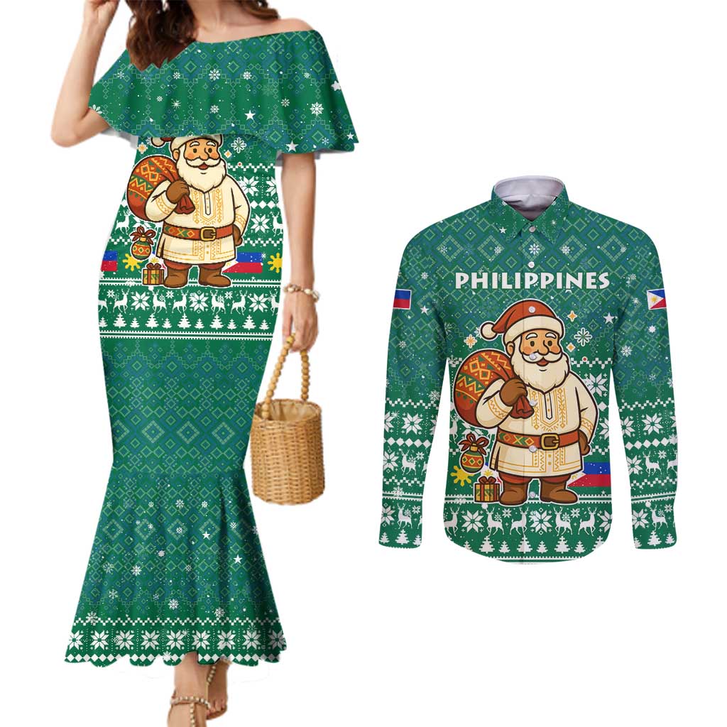Philippines Christmas Couples Matching Mermaid Dress and Long Sleeve Button Shirt with Green Geometric Design, Santa in Barong Tagalog, and National Coat of Arms Motif - Wonder Print Shop