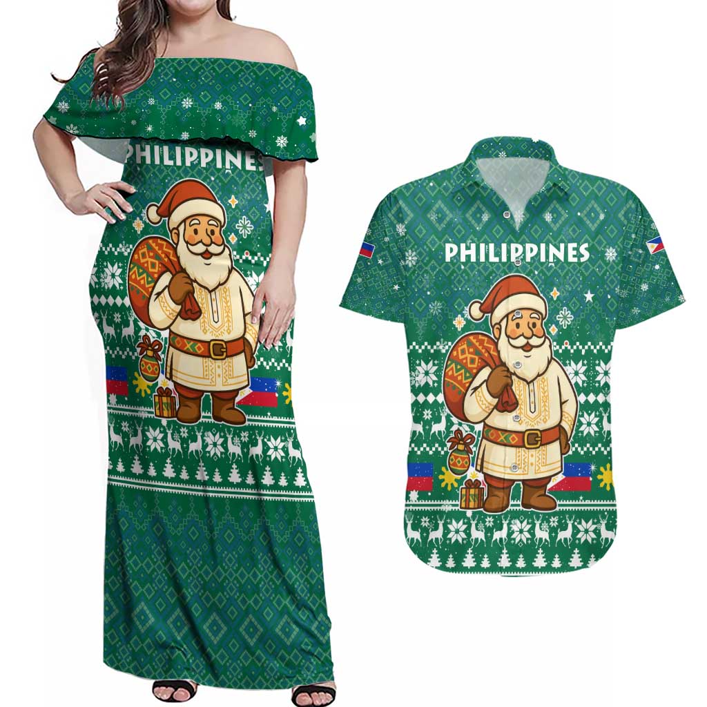 Philippines Christmas Couples Matching Off Shoulder Maxi Dress and Hawaiian Shirt with Green Geometric Design, Santa in Barong Tagalog, and National Coat of Arms Motif - Wonder Print Shop