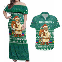 Philippines Christmas Couples Matching Off Shoulder Maxi Dress and Hawaiian Shirt with Green Geometric Design, Santa in Barong Tagalog, and National Coat of Arms Motif - Wonder Print Shop