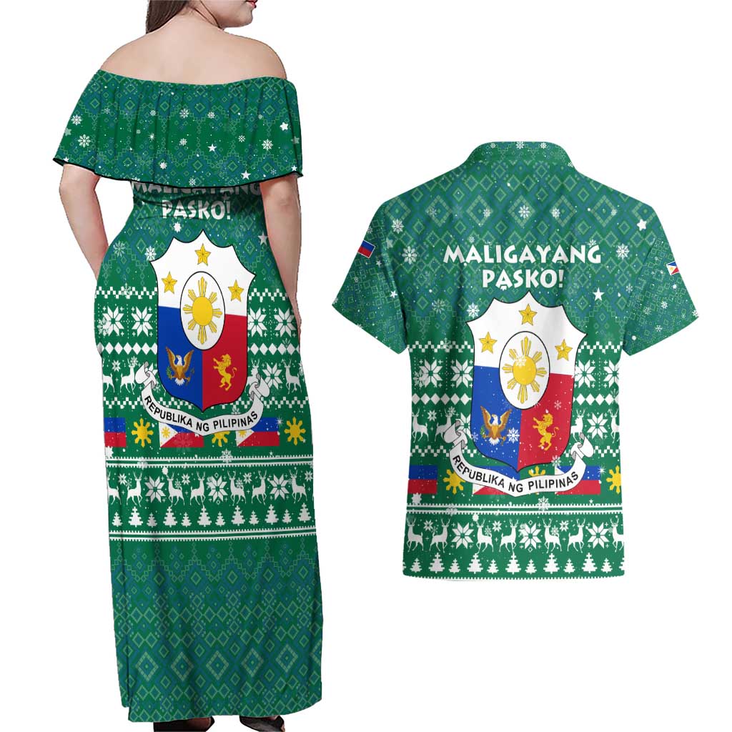 Philippines Christmas Couples Matching Off Shoulder Maxi Dress and Hawaiian Shirt with Green Geometric Design, Santa in Barong Tagalog, and National Coat of Arms Motif - Wonder Print Shop