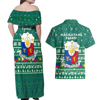 Philippines Christmas Couples Matching Off Shoulder Maxi Dress and Hawaiian Shirt with Green Geometric Design, Santa in Barong Tagalog, and National Coat of Arms Motif - Wonder Print Shop