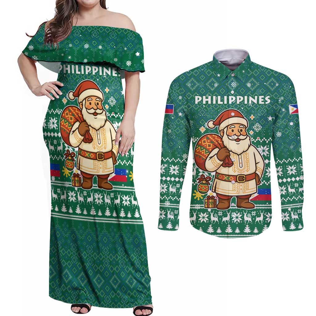 Philippines Christmas Couples Matching Off Shoulder Maxi Dress and Long Sleeve Button Shirt with Green Geometric Design, Santa in Barong Tagalog, and National Coat of Arms Motif - Wonder Print Shop