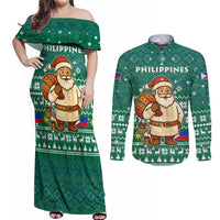 Philippines Christmas Couples Matching Off Shoulder Maxi Dress and Long Sleeve Button Shirt with Green Geometric Design, Santa in Barong Tagalog, and National Coat of Arms Motif - Wonder Print Shop