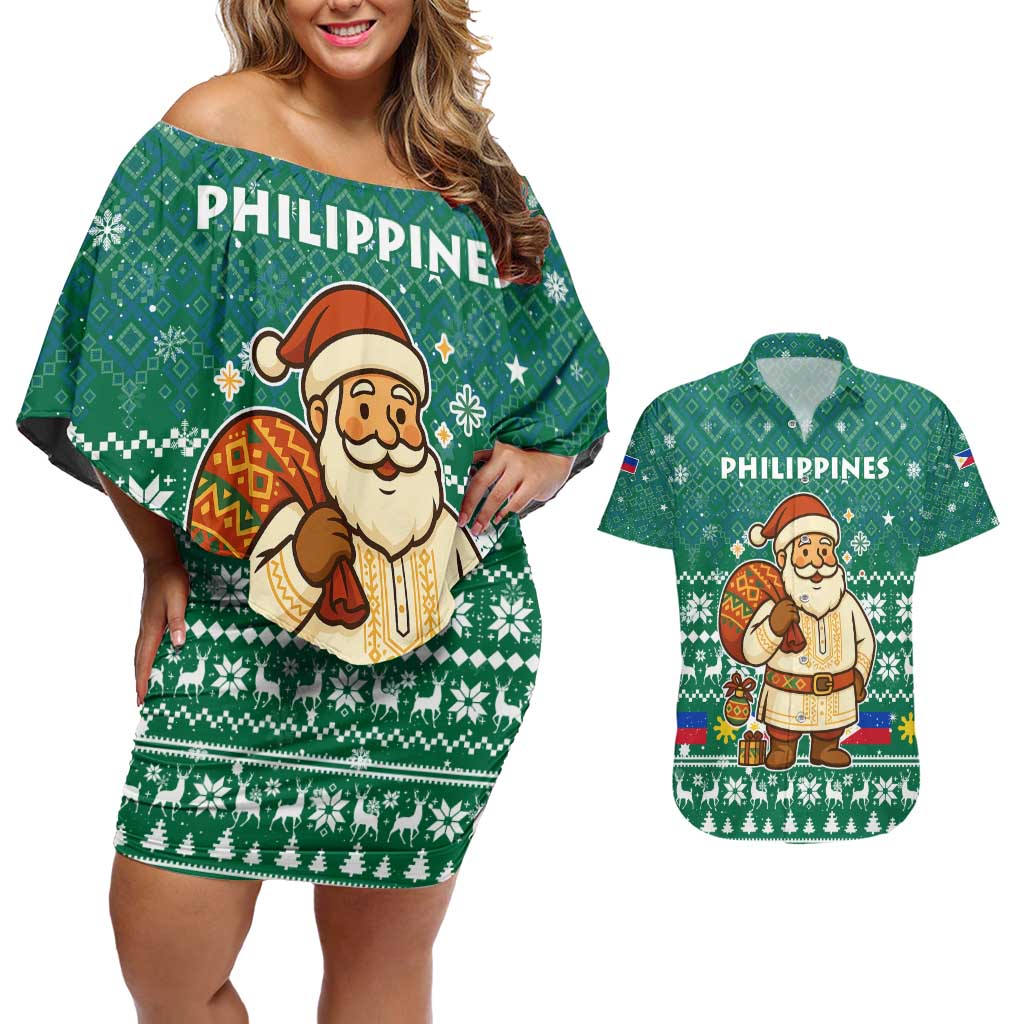 Philippines Christmas Couples Matching Off Shoulder Short Dress and Hawaiian Shirt with Green Geometric Design, Santa in Barong Tagalog, and National Coat of Arms Motif - Wonder Print Shop