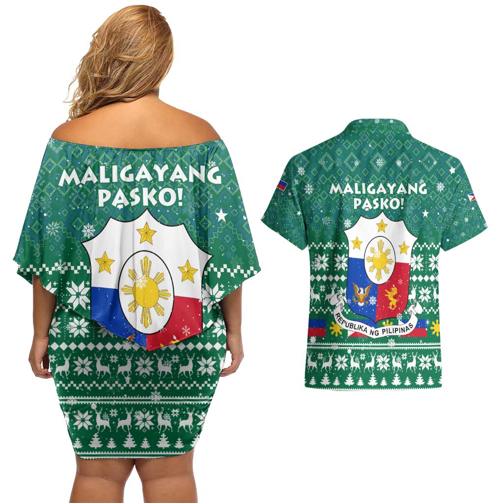 Philippines Christmas Couples Matching Off Shoulder Short Dress and Hawaiian Shirt with Green Geometric Design, Santa in Barong Tagalog, and National Coat of Arms Motif - Wonder Print Shop